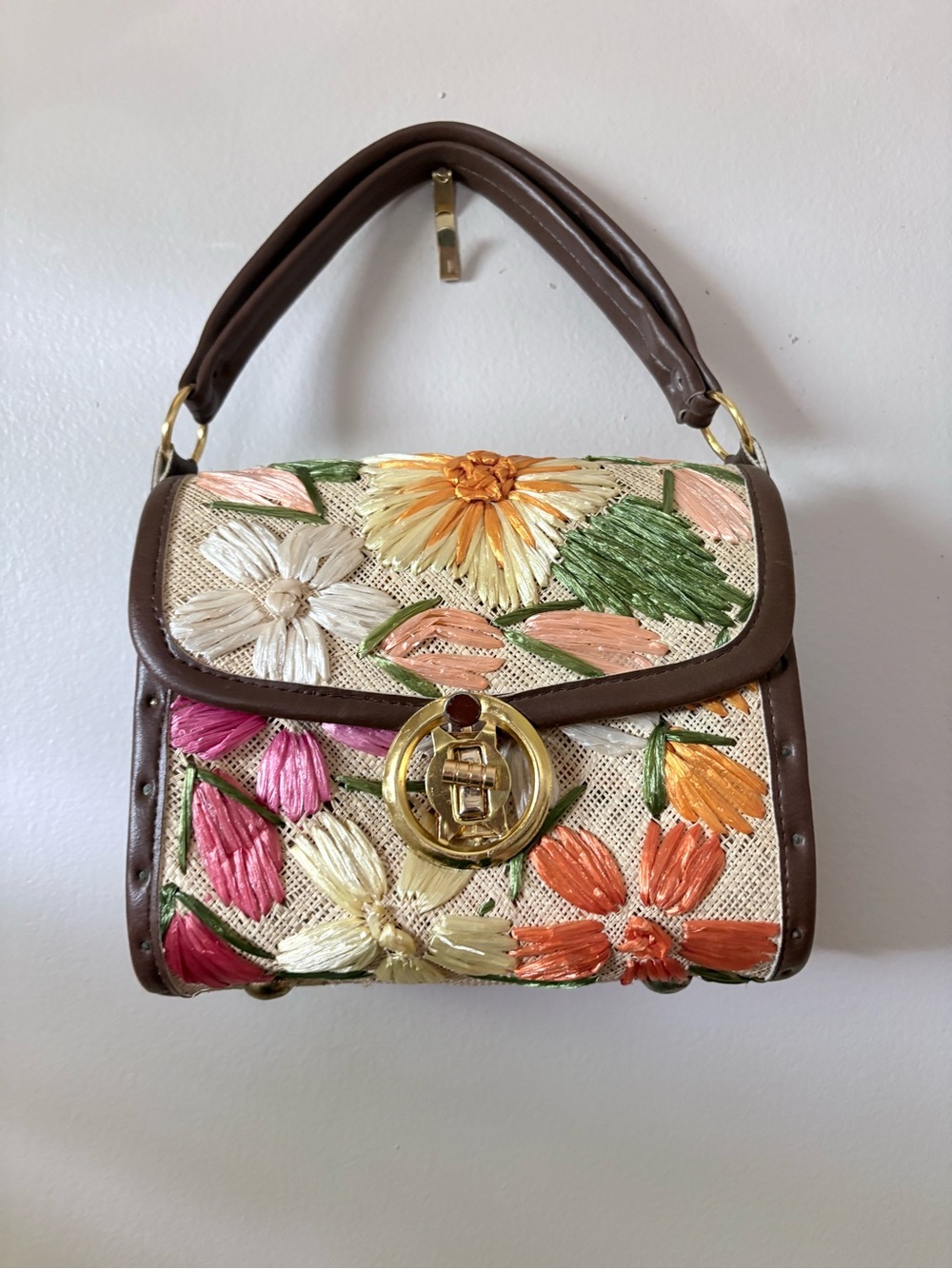 Brown Floral Embroidered Top-Handle Bag Handmade Vintage